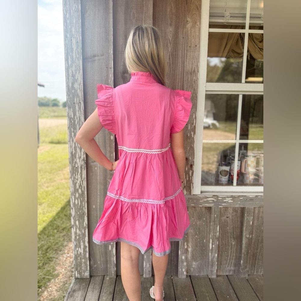 Strawberry Pink Haze Flutter Sleeve Tiered Dress - Picture 6 of 7